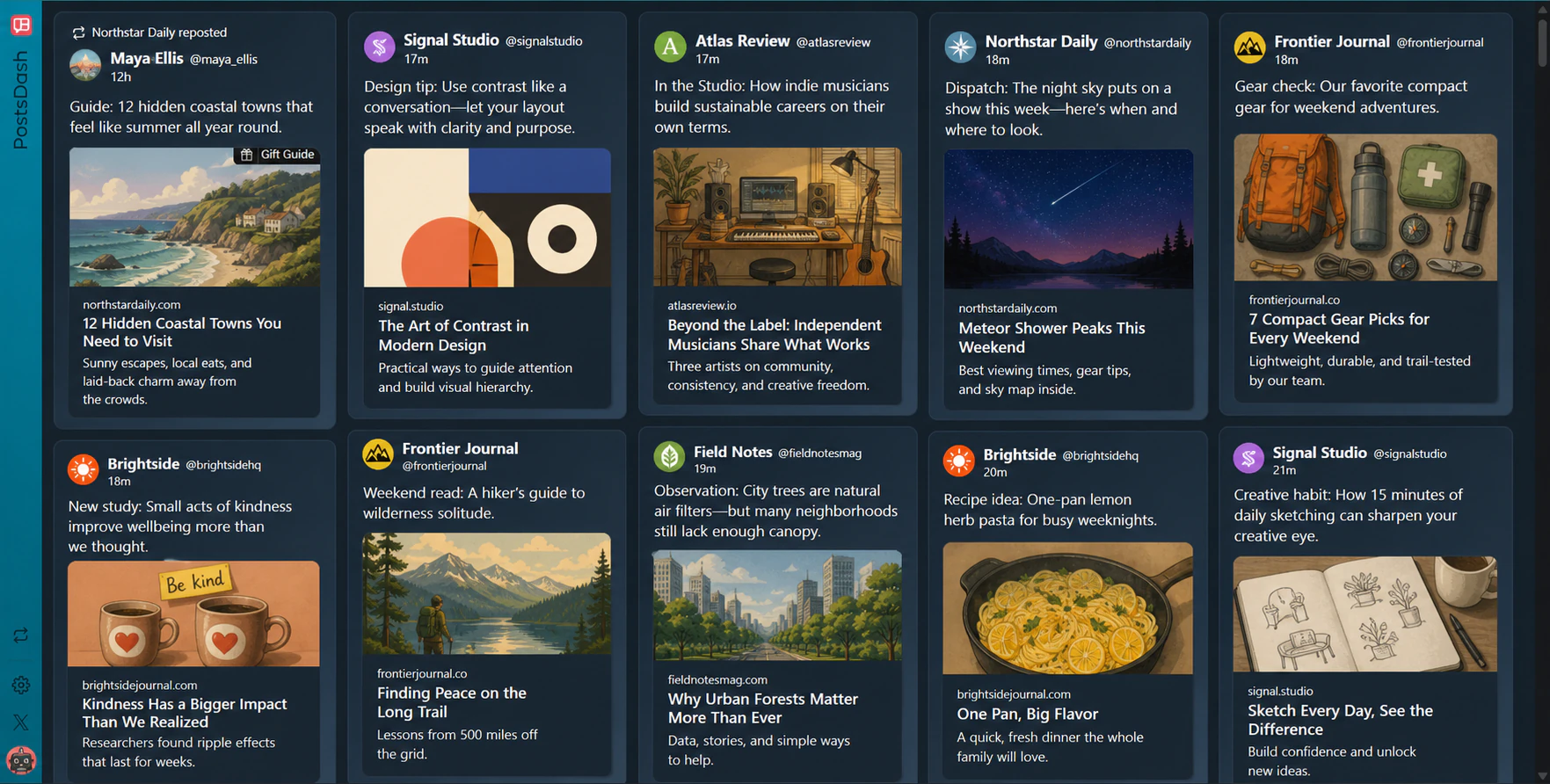 PostsDash displaying fictional demo posts in a five-column tiled layout